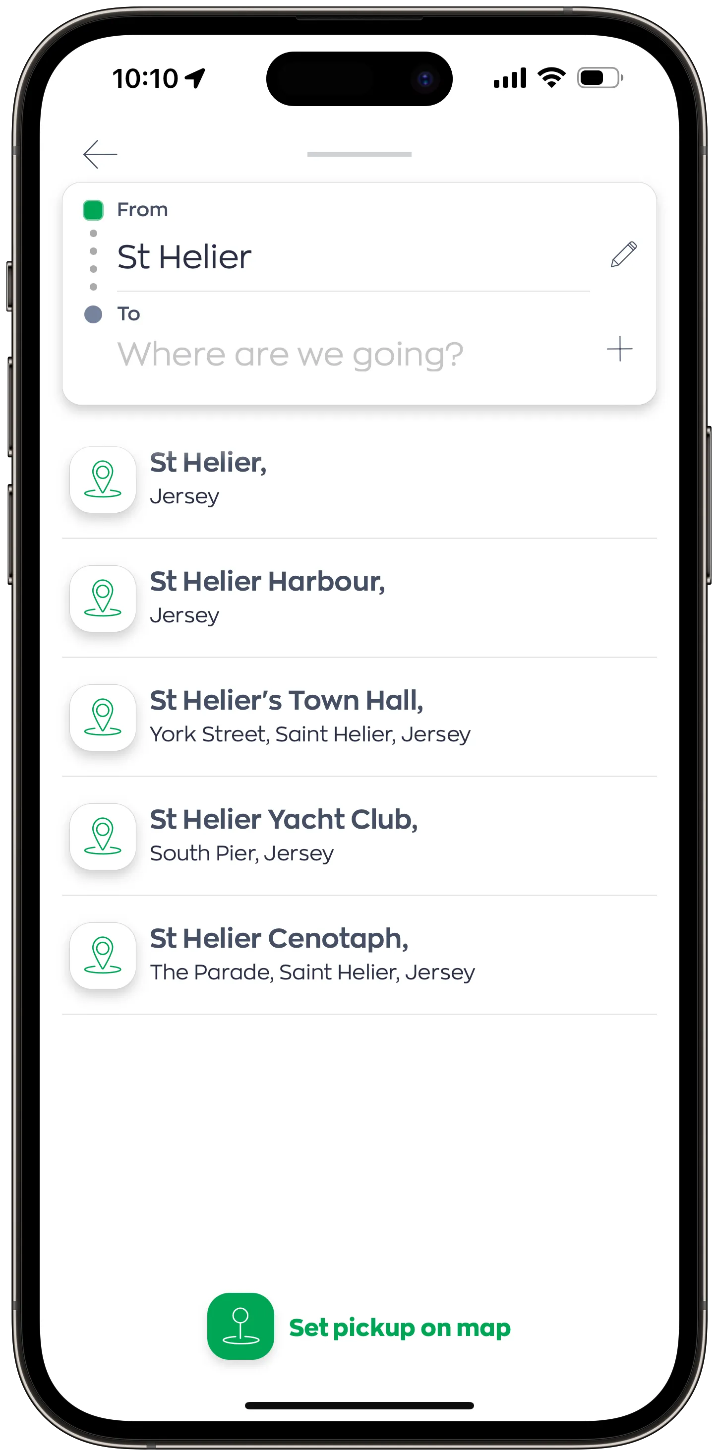 Mobile screen capture of a navigation app set at 'St Helier' as the starting point. The destination input reads 'Where are we going?' with a list of suggested locations below, including 'St Helier Harbour', 'St Helier's Town Hall', 'St Helier Yacht Club', and 'St Helier Cenotaph'. The bottom of the screen features a button to 'Set pickup on map'.