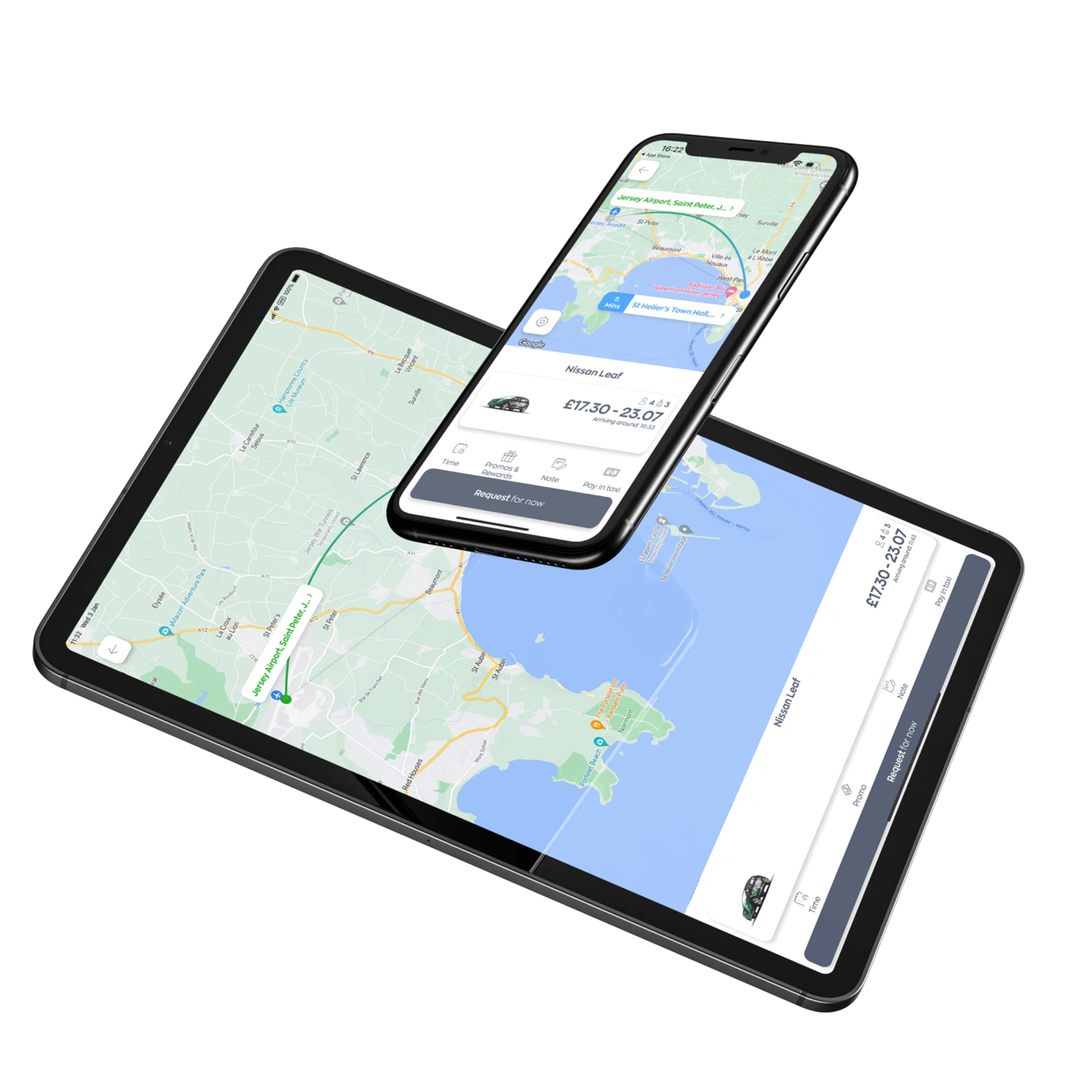An isometric view of two smartphones showing a ride-hailing app interface. The top phone displays a map with a route and a booking for a Nissan Leaf, with fare details visible. The bottom phone shows a list of destinations. Both screens are angled and hover above a dark background, giving a 3D-like presentation of the app's functionality.