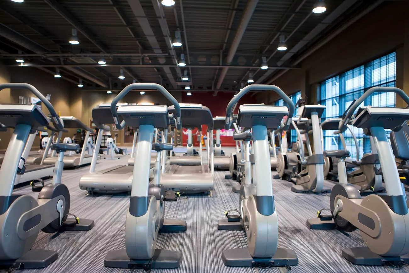 Exercise equipment in a public gym.