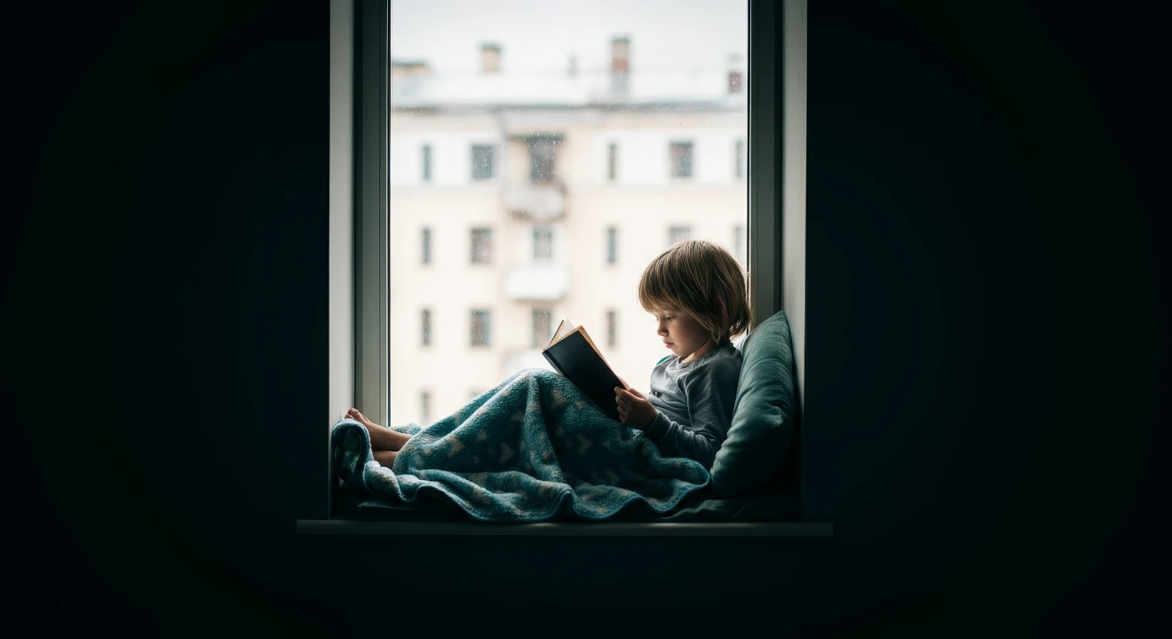 A young child reading a book while sitting on a windowsill with natural light streaming in, depicting peaceful learning and development