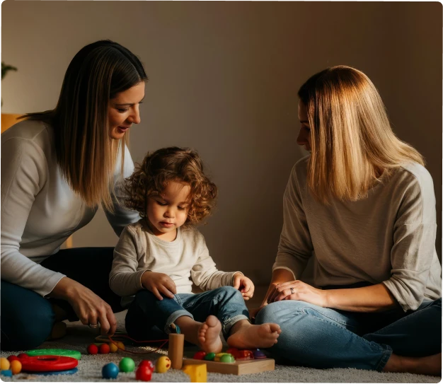 Two women therapists sitting on the floor with a toddler, engaging in interactive play therapy with colorful toys in a warm, supportive environment
