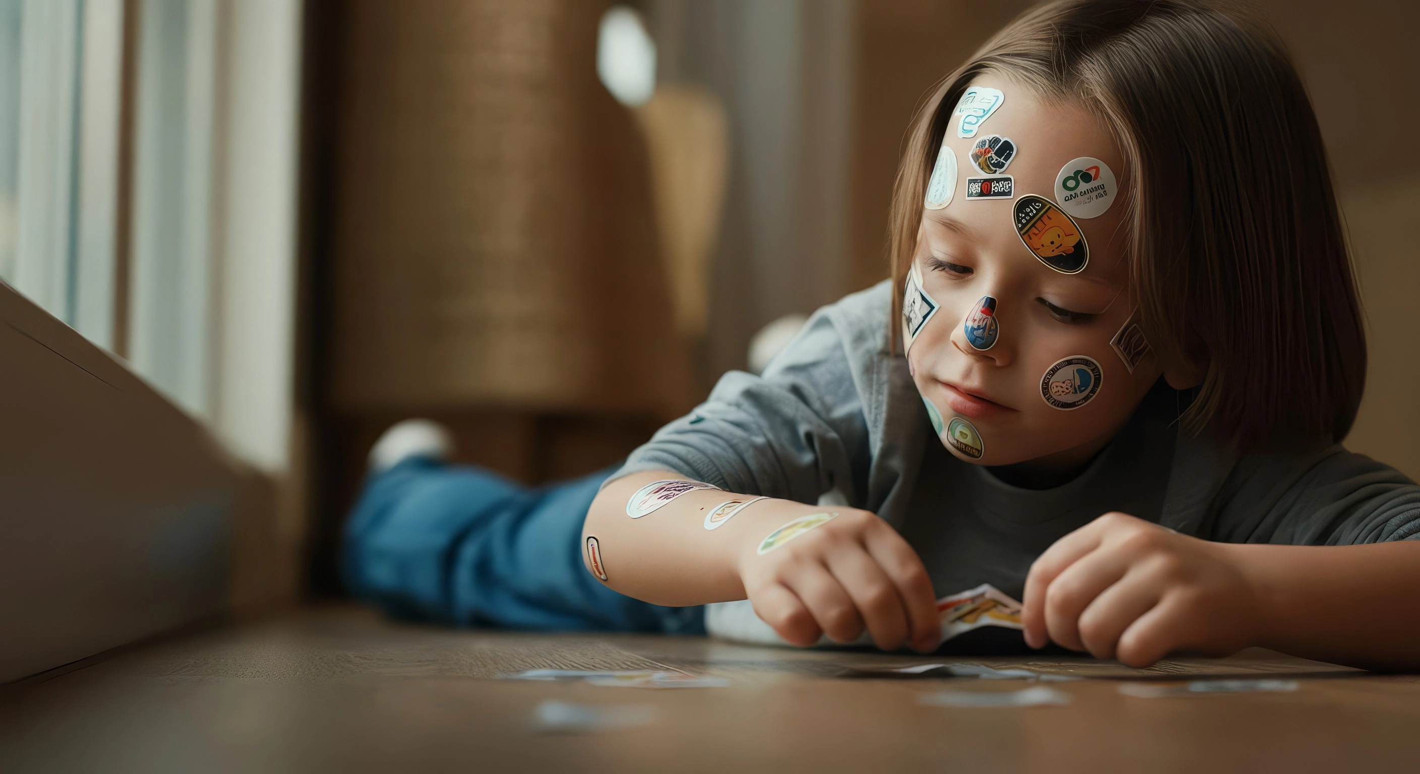 A young child lying on the floor focused on arranging colorful therapeutic stickers, demonstrating concentrated play-based learning activities