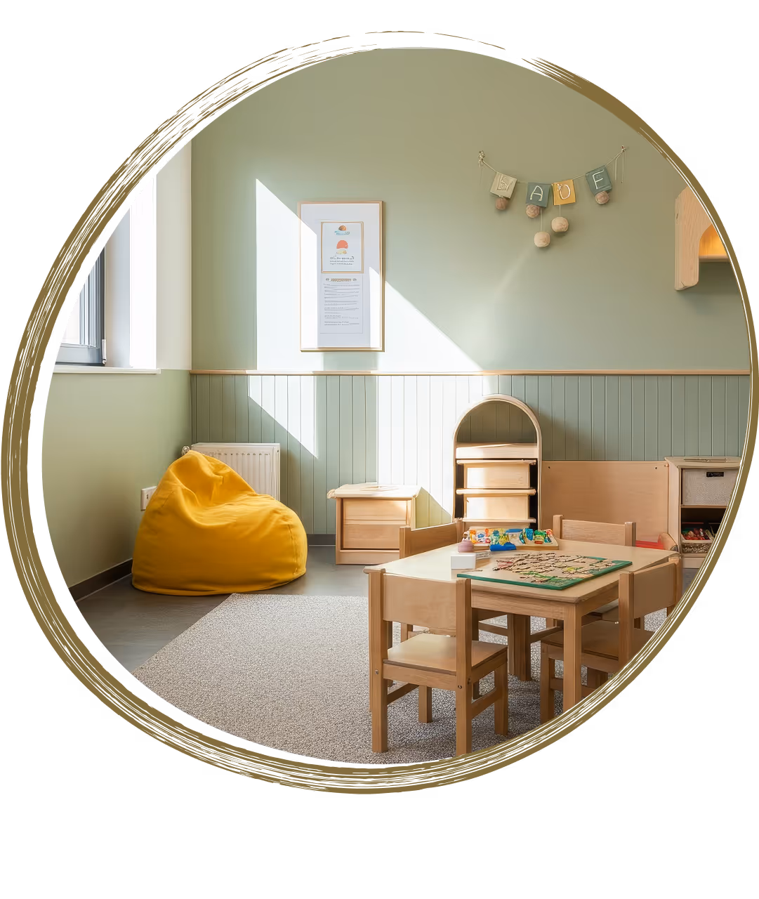 Cozy living room with light wooden furniture, yellow cushions, and natural light from a window.