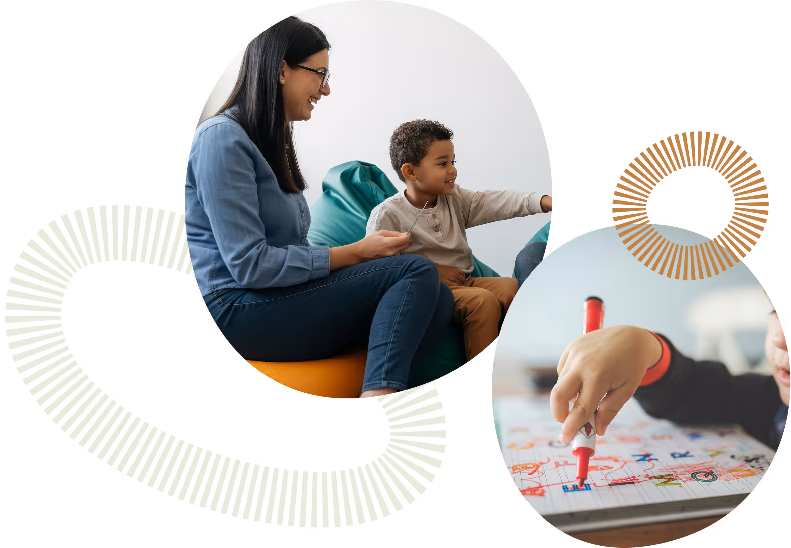 A father watching his young son play at a colorful outdoor playground structure with a spaceship design, both wearing matching blue shirts in a warm, natural setting
