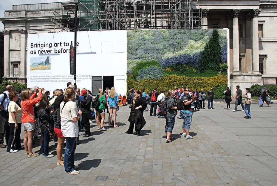 Exterior of The National Portrait Gallery, where there is a living wall in the design of a Van Gough painting