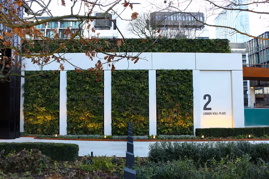 London Wall Place living wall by Viritopia  showing the sign and 4 sections of living wall