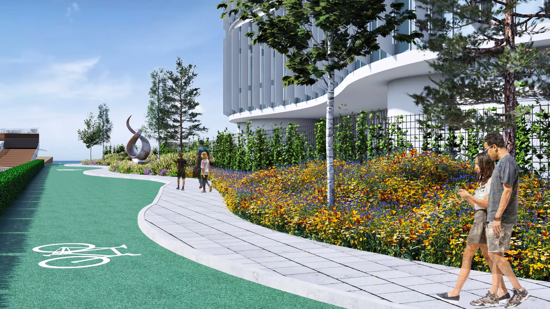 3D render of the Data Centre 01 living wall showing the data centre with a cycling path and several people walking alongside the pavement