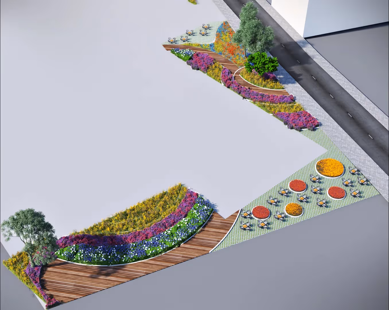 Colorful landscaped garden with curved wooden walkway and vibrant flower beds