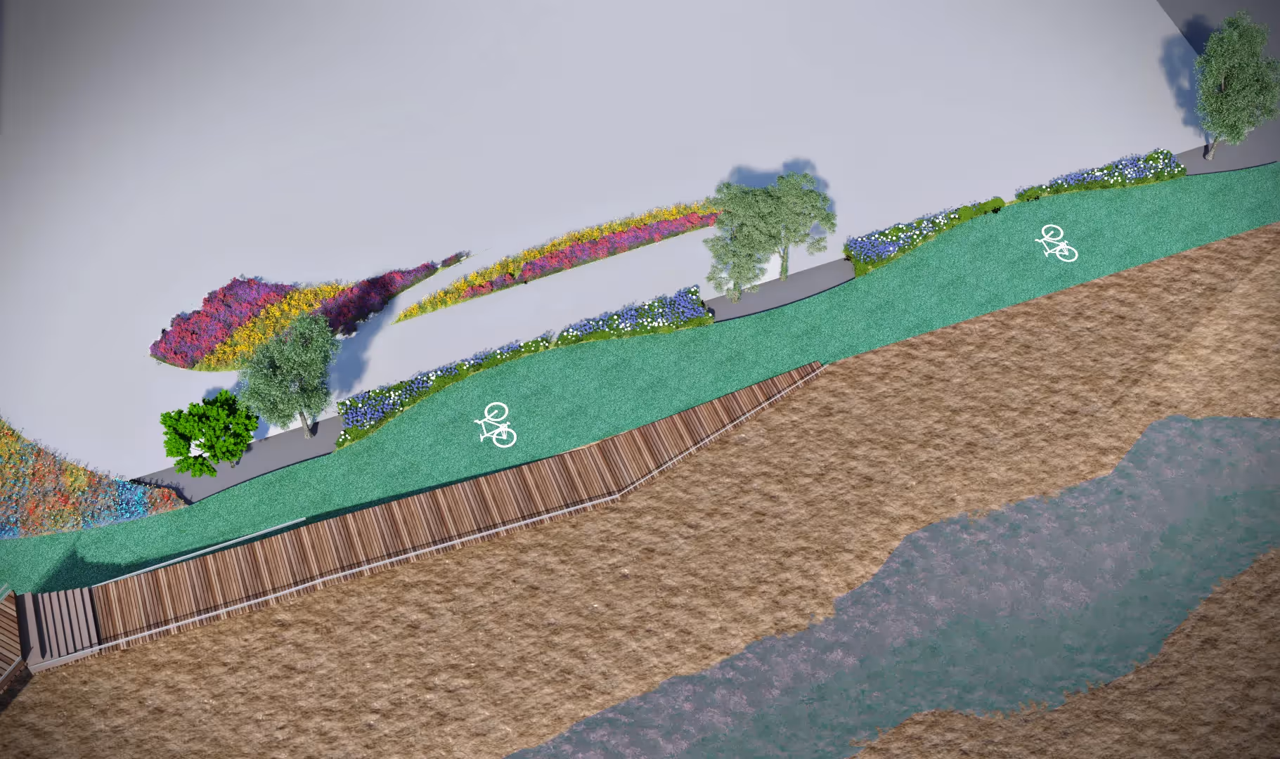 Colorful bike path with trees and flowers along landscaped terrain