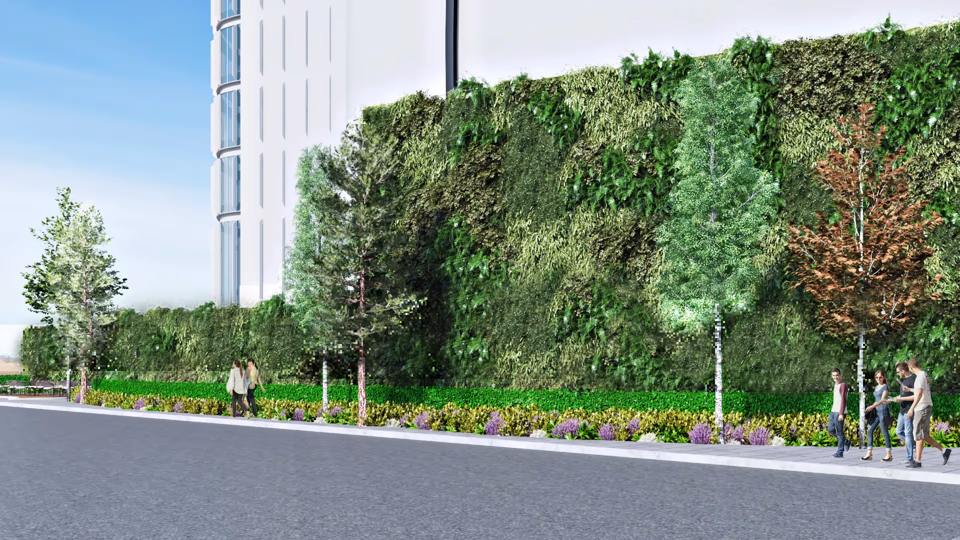 Urban green wall with lush vegetation alongside modern white building