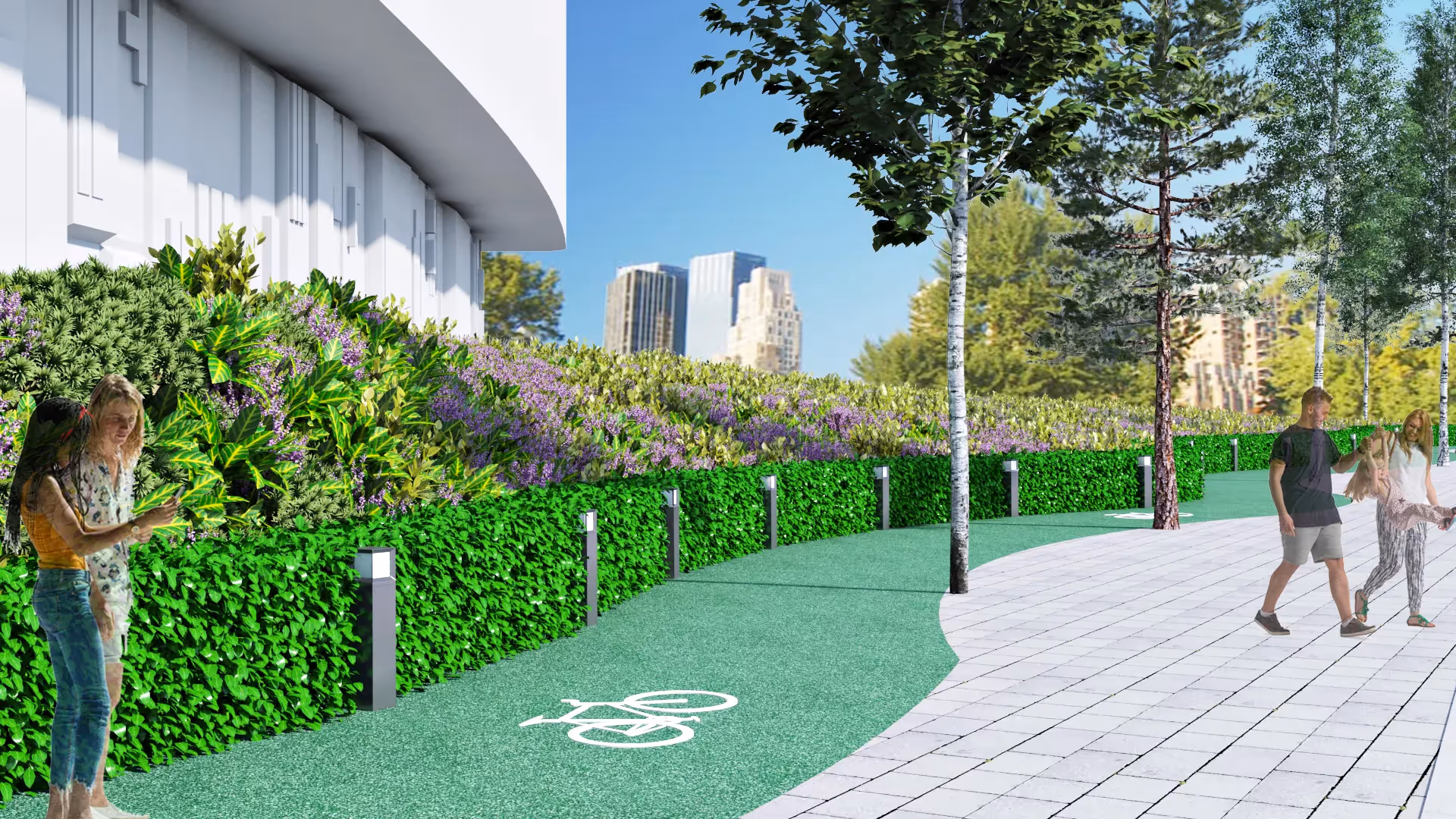 Urban green pathway with bike lane, lush plants, and city skyline backdrop
