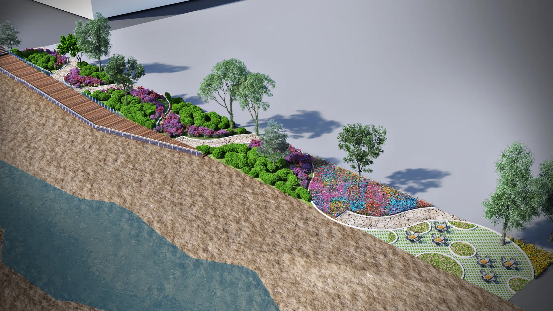 Landscape design with colorful gardens, trees, and wooden walkway along riverbank