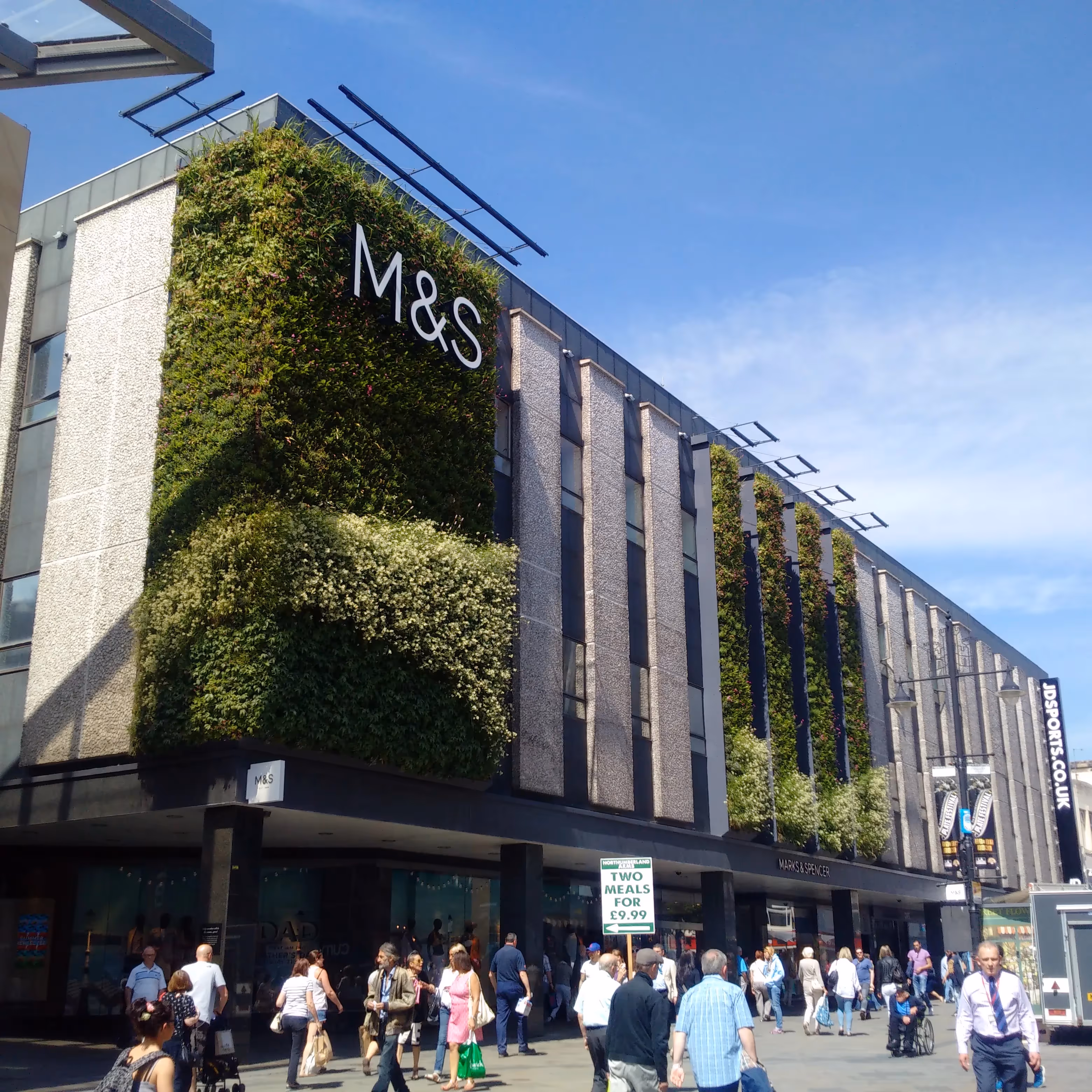 M&S Newcastle exterior, with a large living wall 