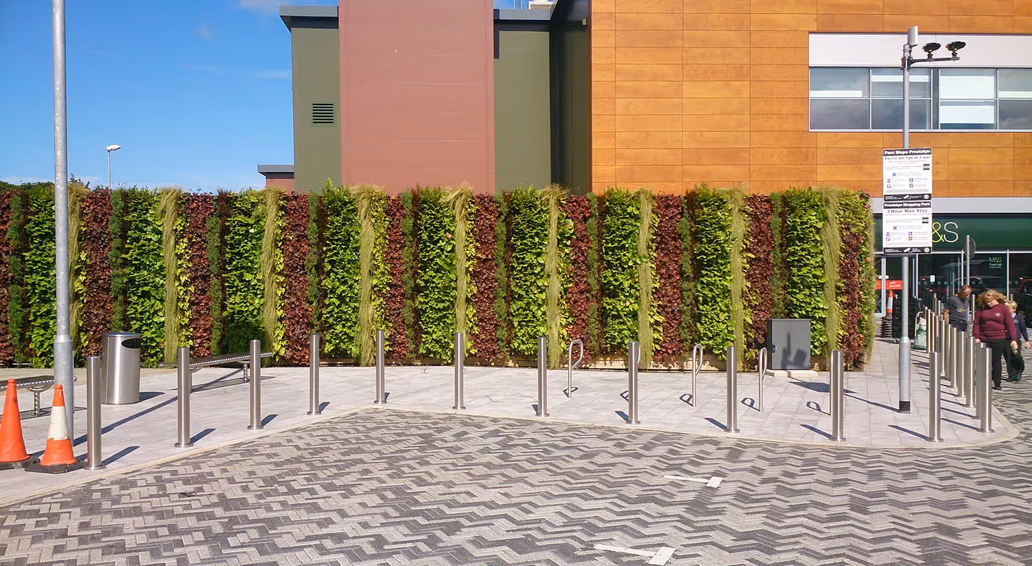 Free standing exterior living wall outside Parc Prestatyn Shopping Park