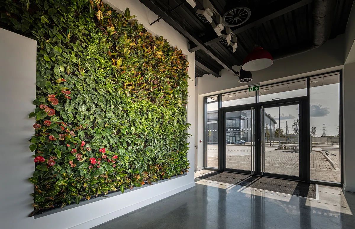 Inside SEGRO park, with a living wall in the entrance