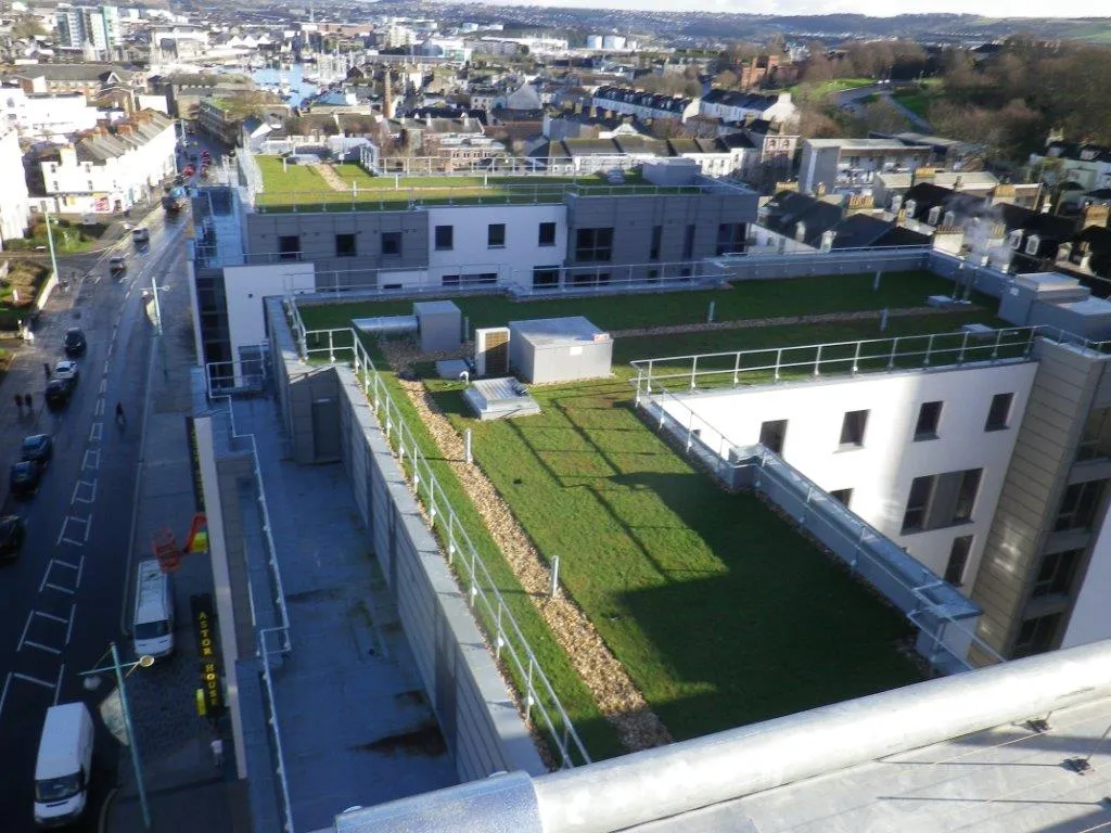 Birds-eye view of Hoe Centre, showing a living roof
