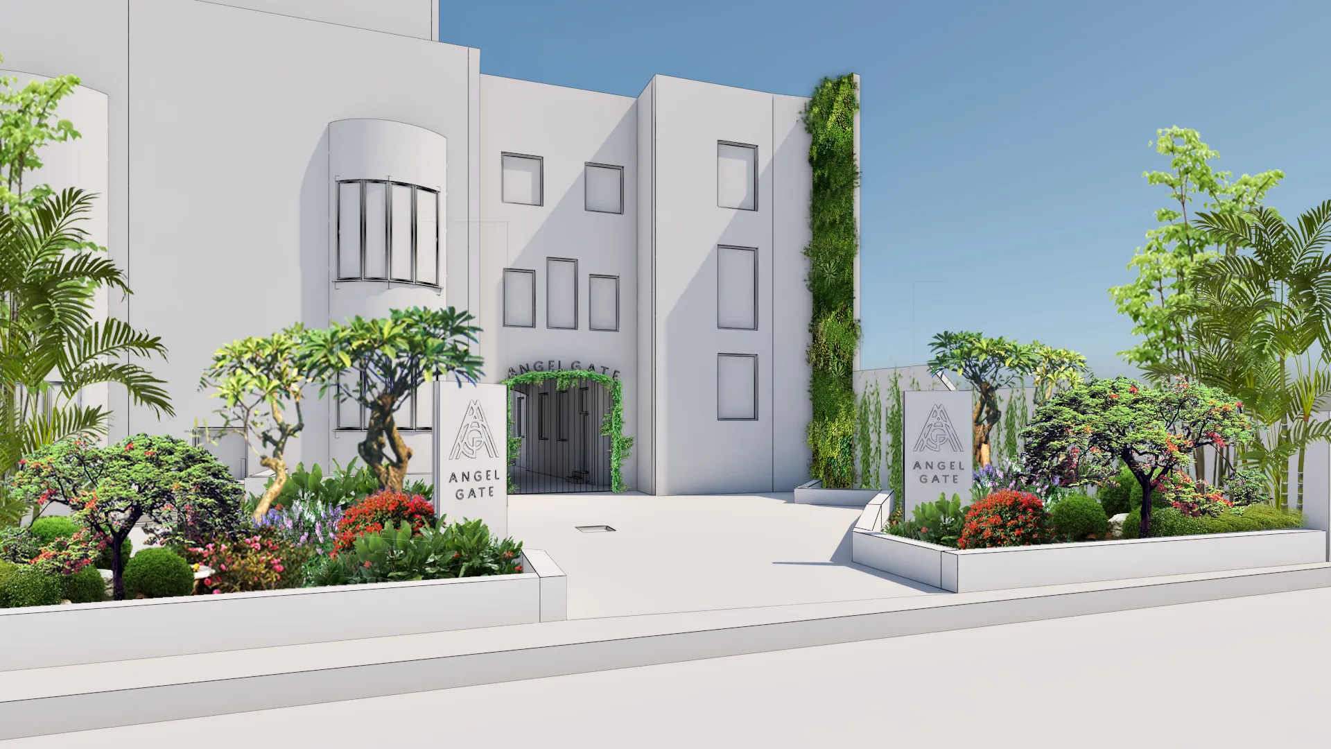 3D render of Angel Gate exterior with a living wall and garden features
