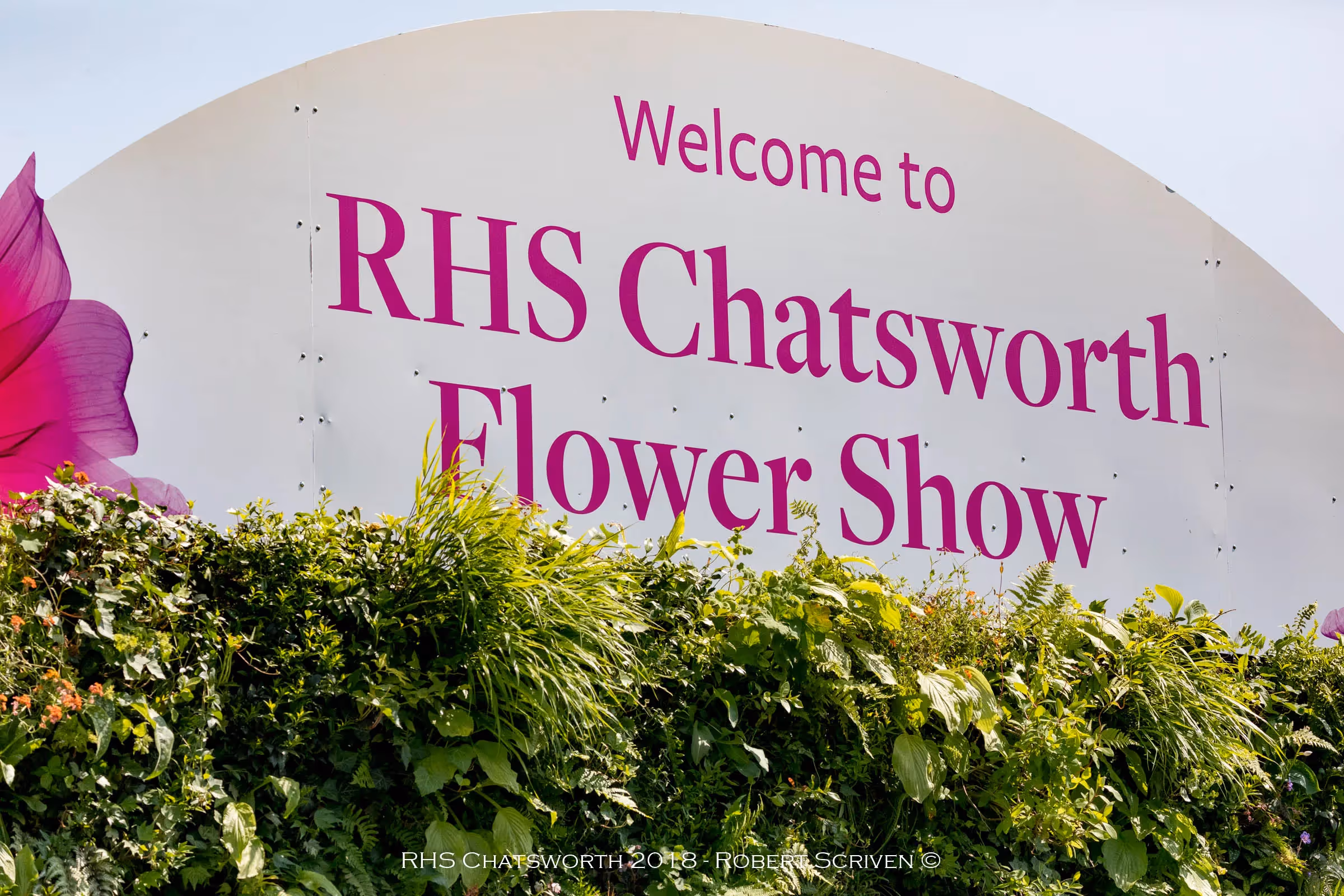 Sign that reads "RHS Chatsworth Flower Show", with the top of the living wall below 