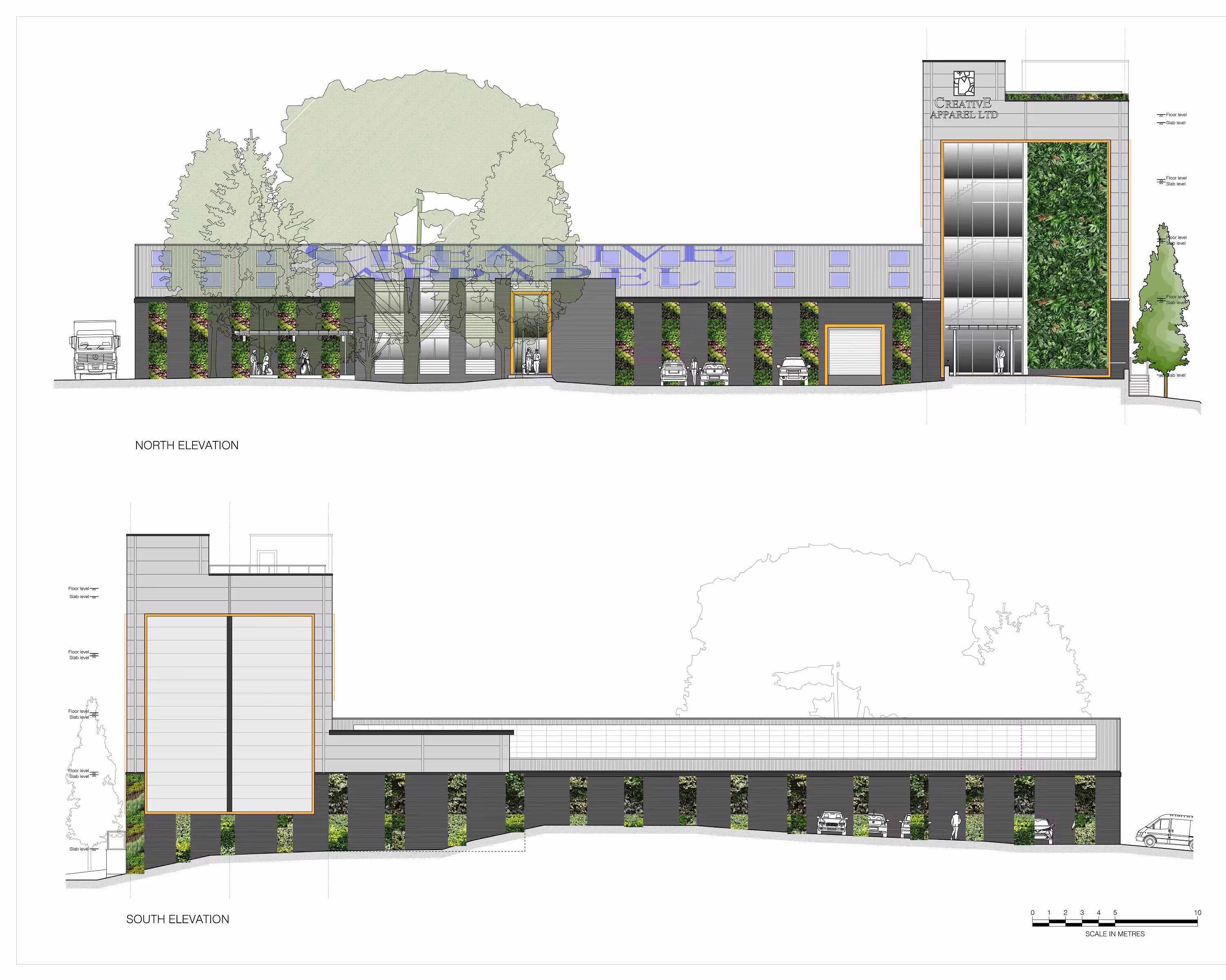 Architectural elevation drawings of a modern building with green vertical gardens