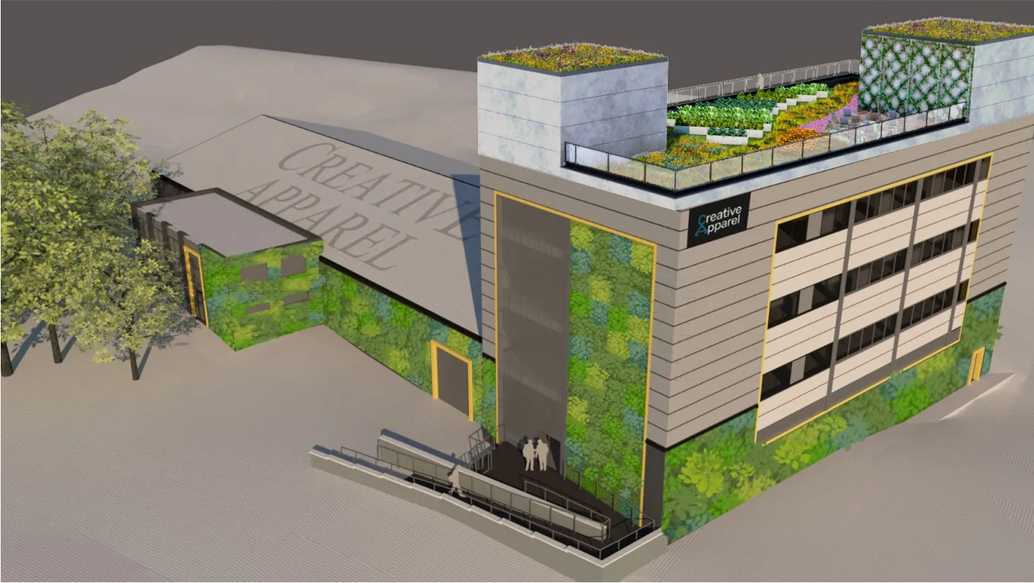 Eco-friendly Creative Apparel building with green walls and rooftop garden