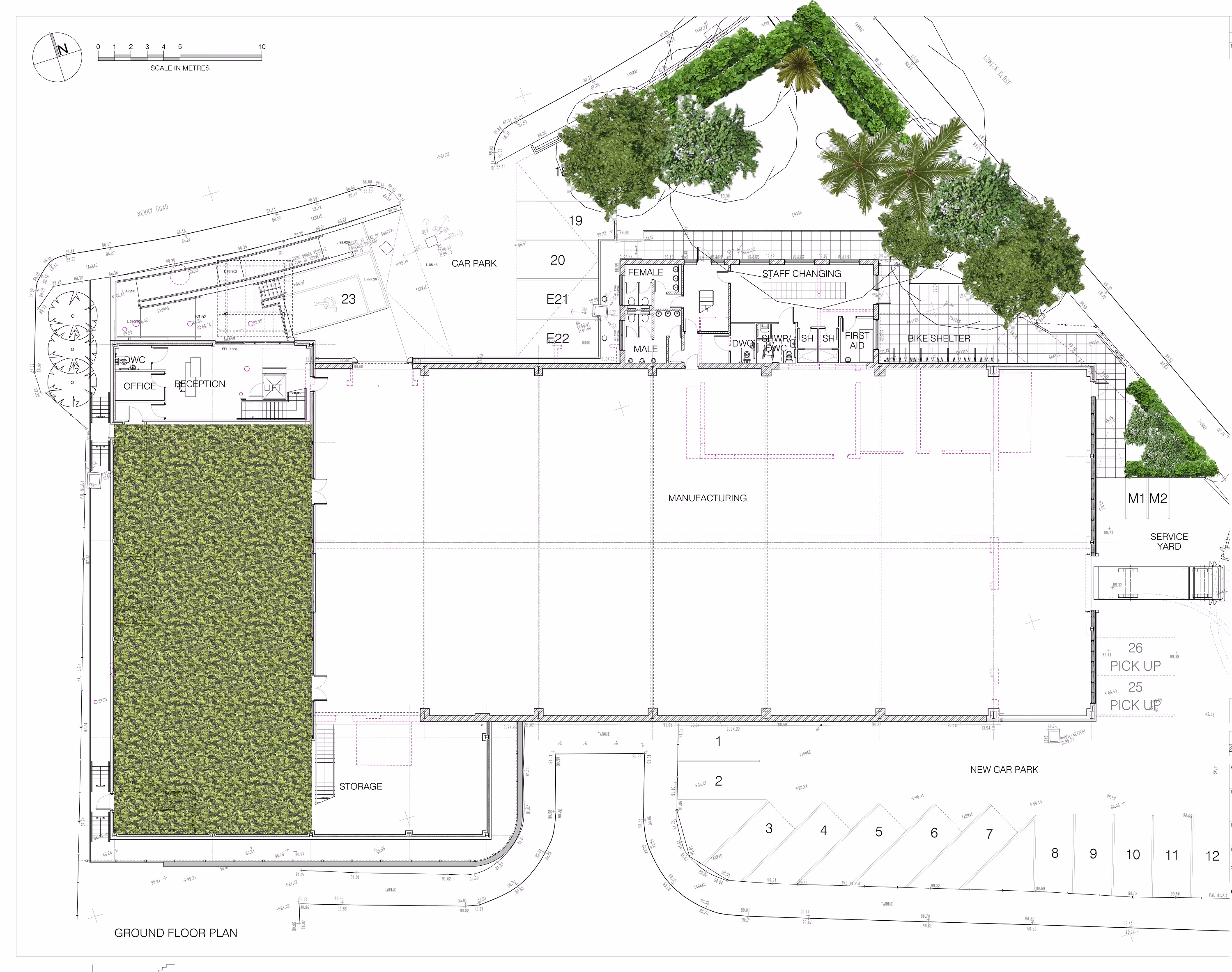 Architectural ground floor plan with manufacturing area, offices, and landscaping
