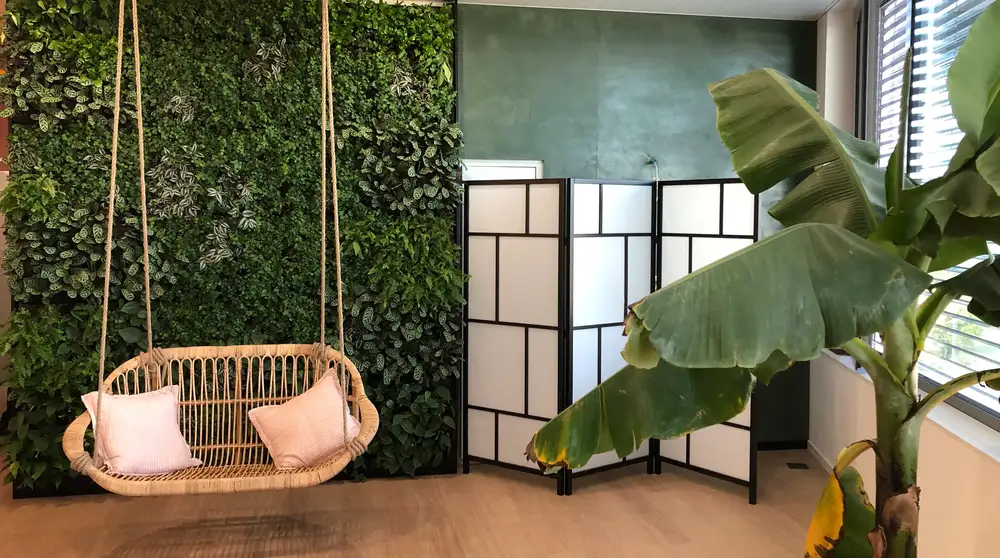 Reception area of HD Geneva Clinic, with a living wall behind the seating area
