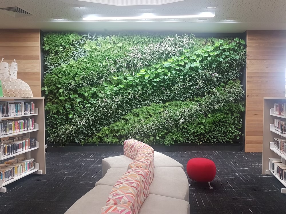 Clonard College library interior with a living wall