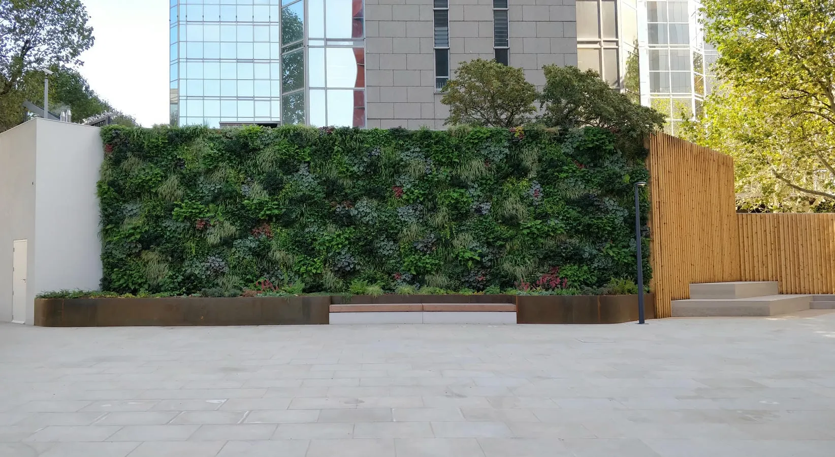 Living wall and seating outdoor design on Hammersmith Road, London