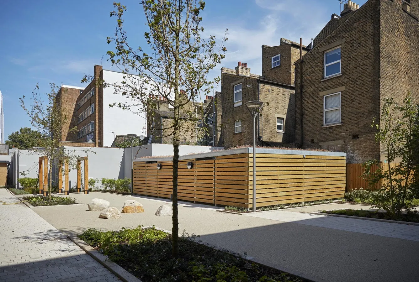 Green roof on cycle storage units in Elephant and Castle, London