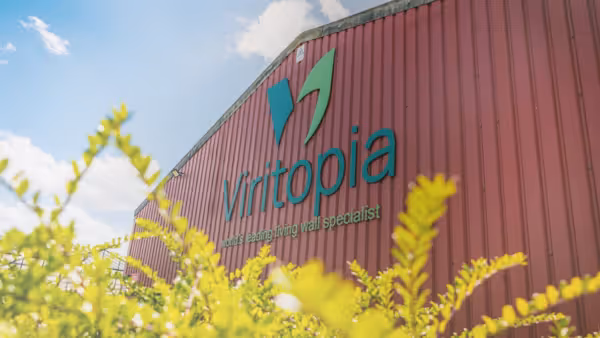 THe outside of Cavegates Nurseries with the Viritopia living wall logo on the front of the building