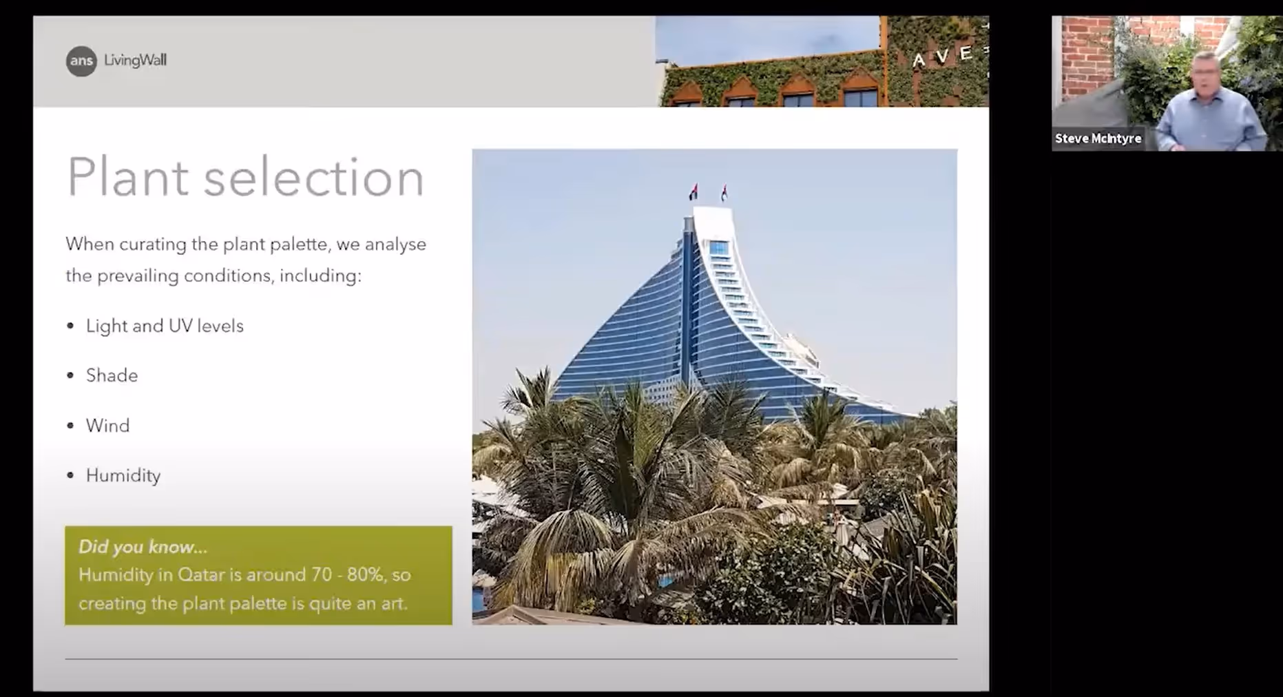 Screenshot of the live webinar reply show a slide on plant selection