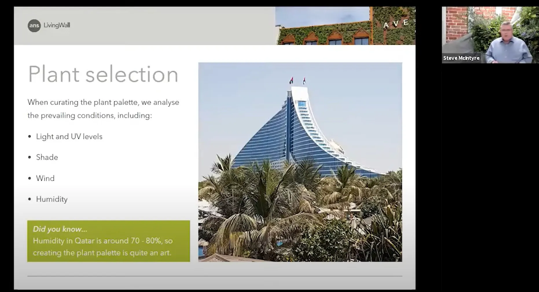 Screenshot of the live webinar reply show a slide on plant selection