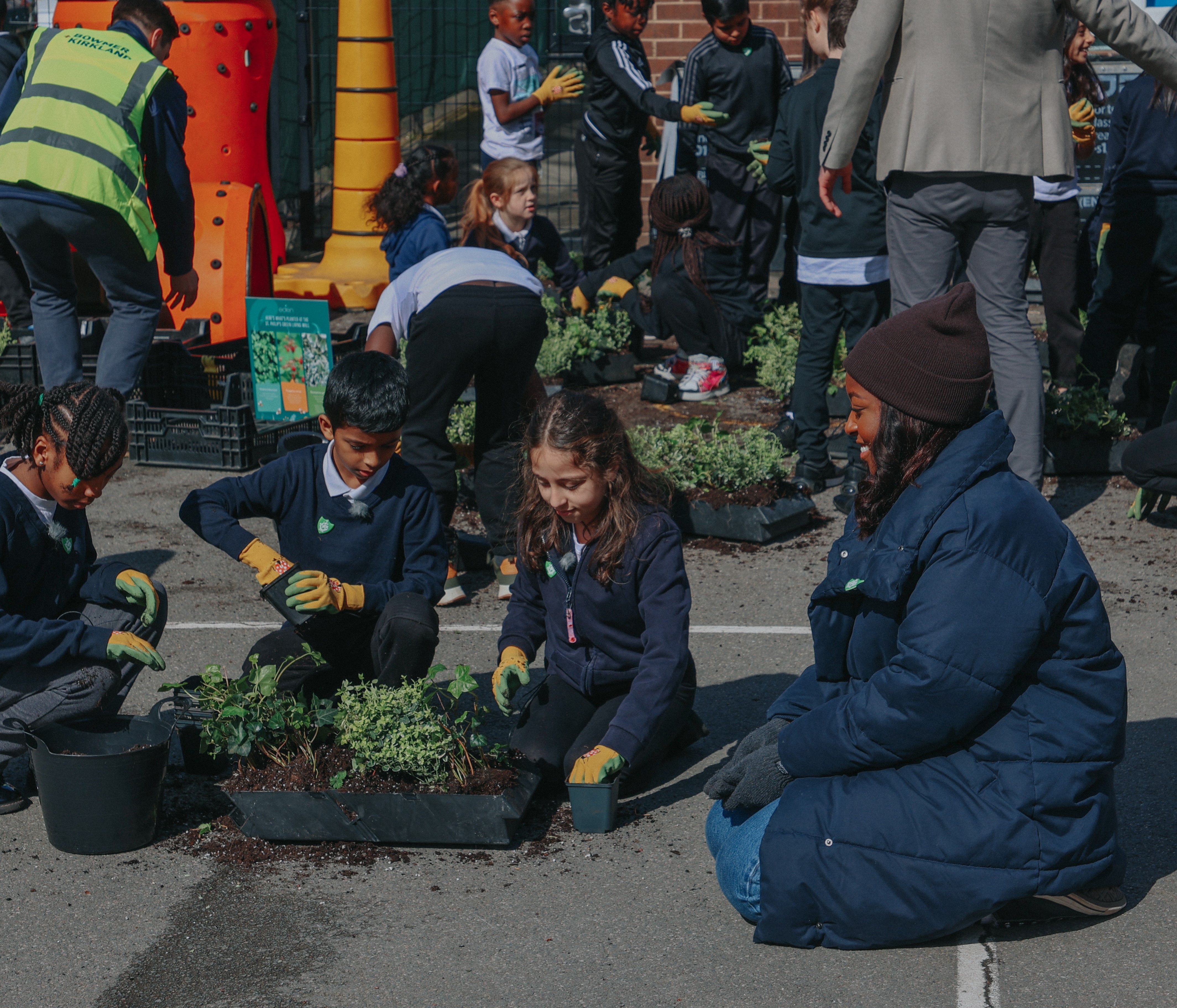Students planting living green wall near colorful climbing wall
