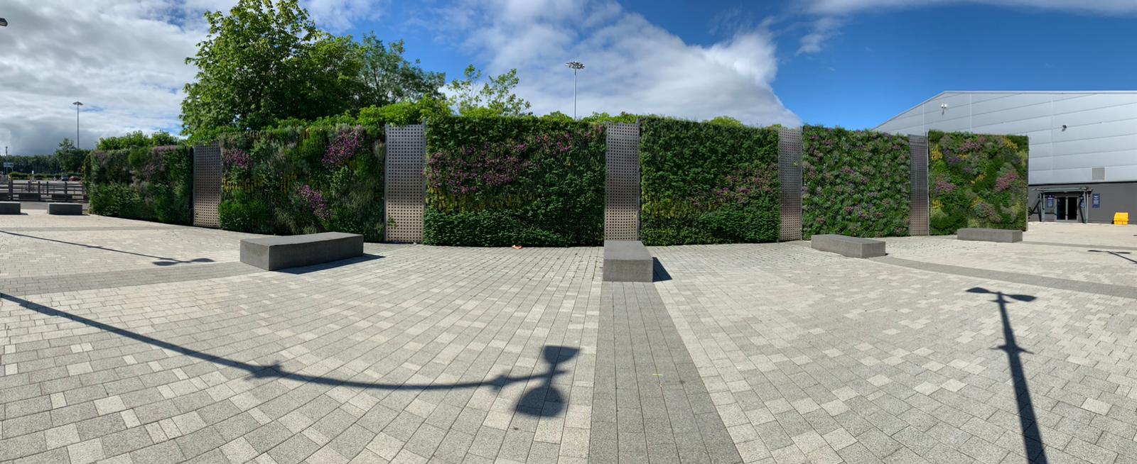 Living wall with green plants and metal panels on urban plaza