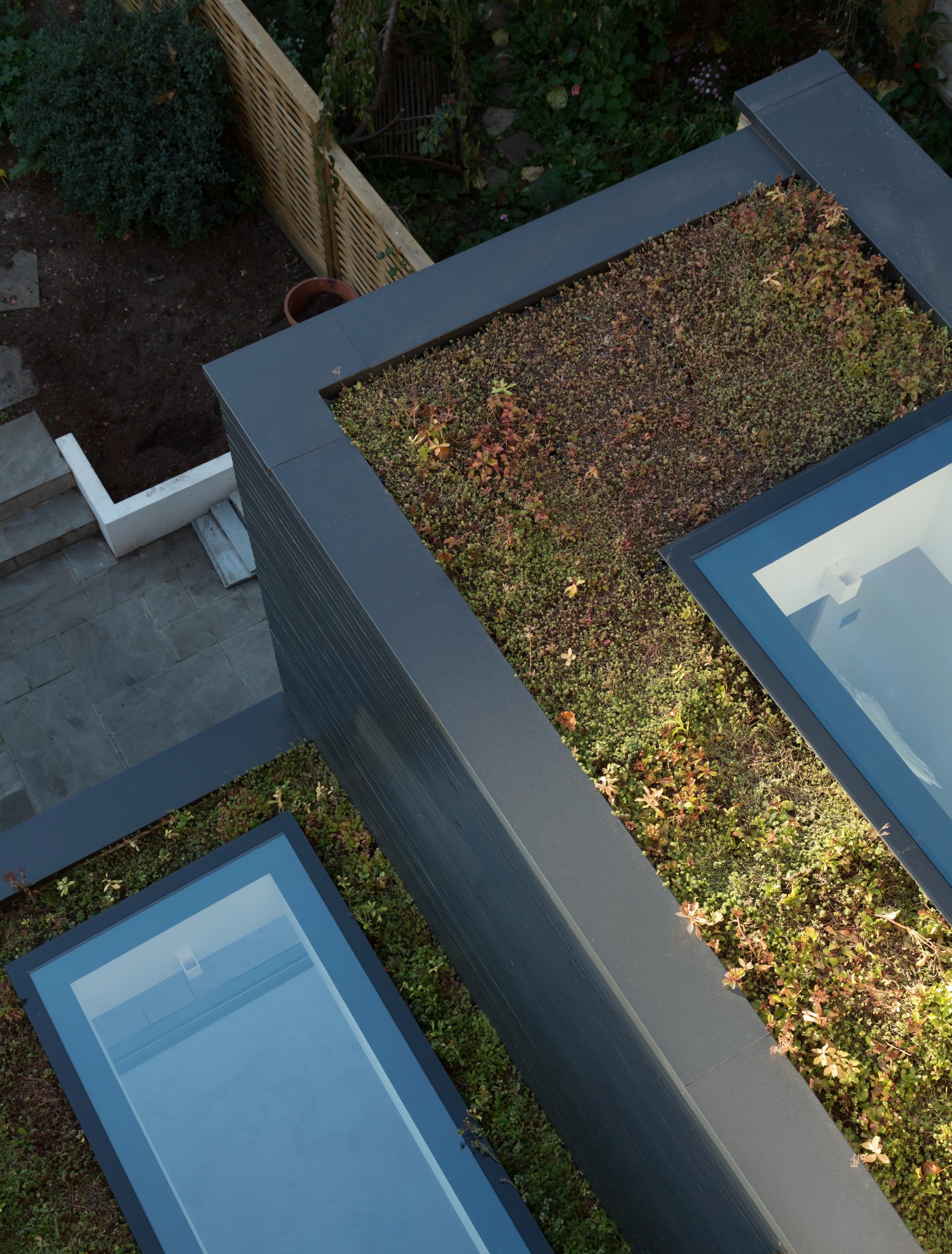 Living wall with geometric planters and blue skylight panels