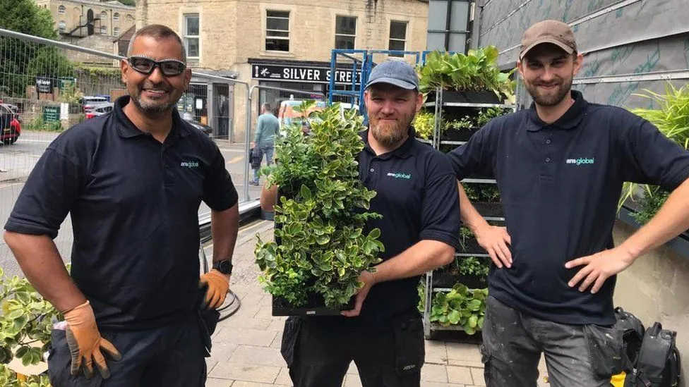 Three landscaping workers with plants on urban street, wearing black shirts