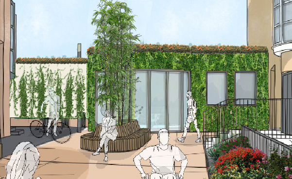Urban green space with vertical gardens and people relaxing outdoors