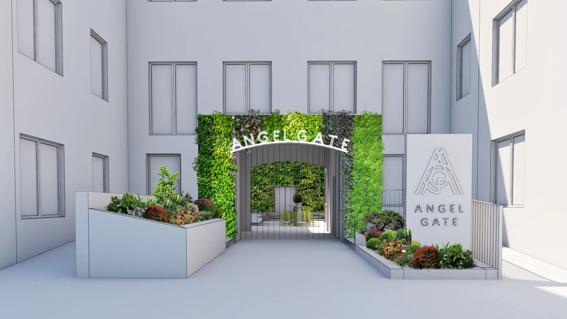 Green entrance of Angel Gate with vertical garden and architectural design