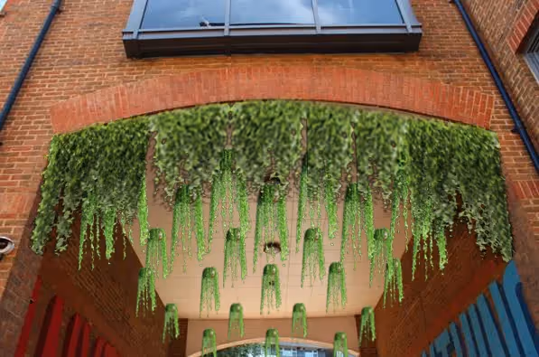 Lush green hanging plants cascading over brick building entrance arch