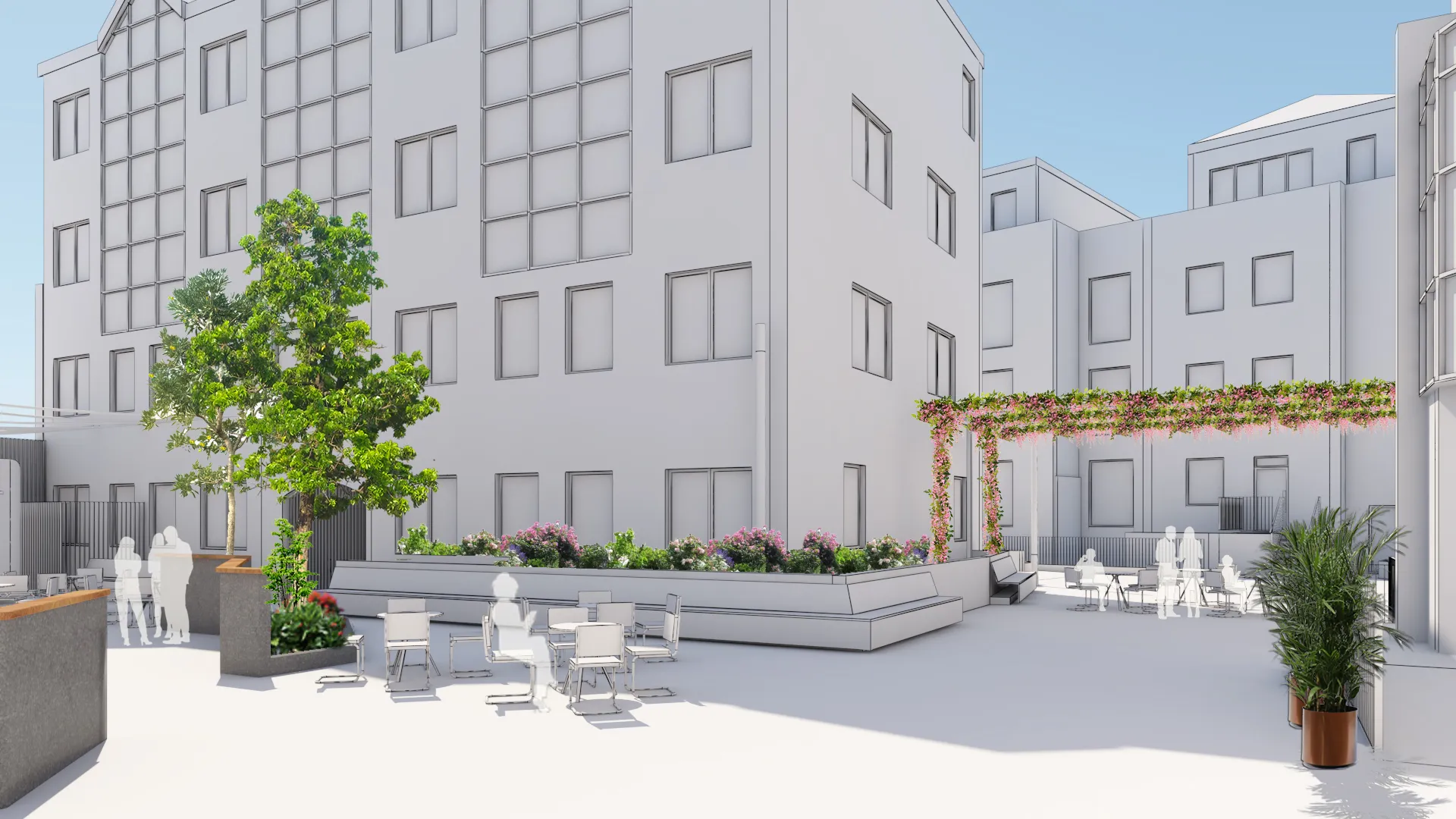 Modern urban courtyard with white buildings, green trees, and flowering plants