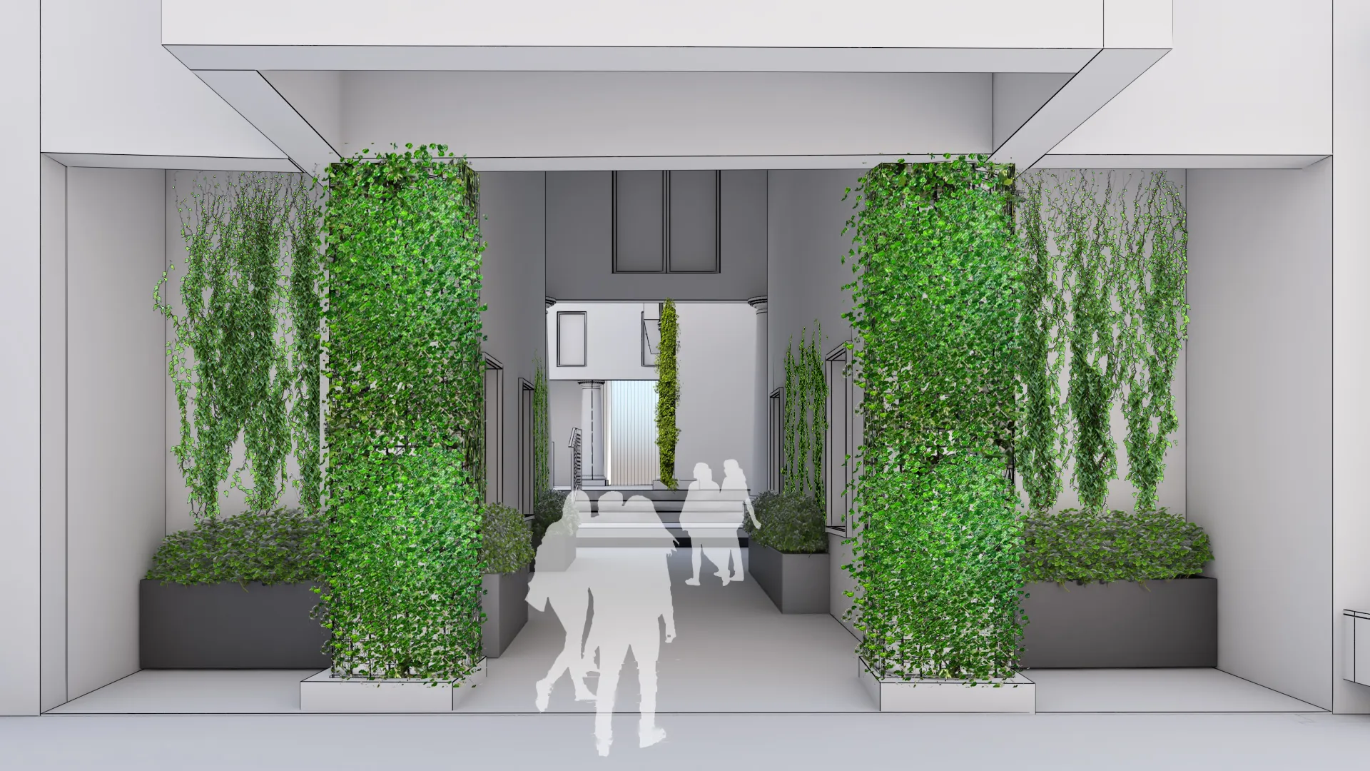 Modern architectural interior with green vertical gardens and silhouetted figures