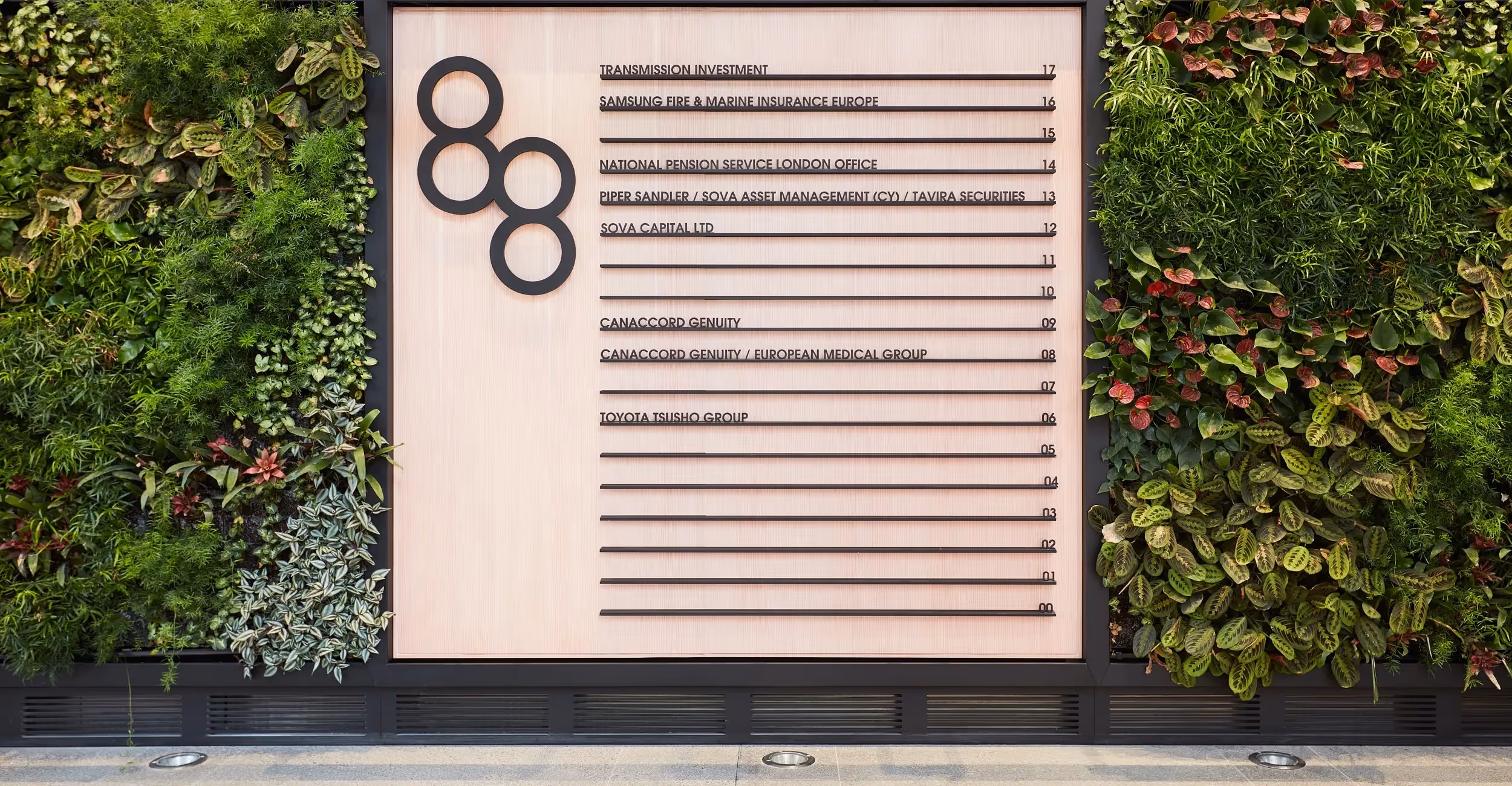 Corporate ranking board surrounded by lush green and red vertical garden