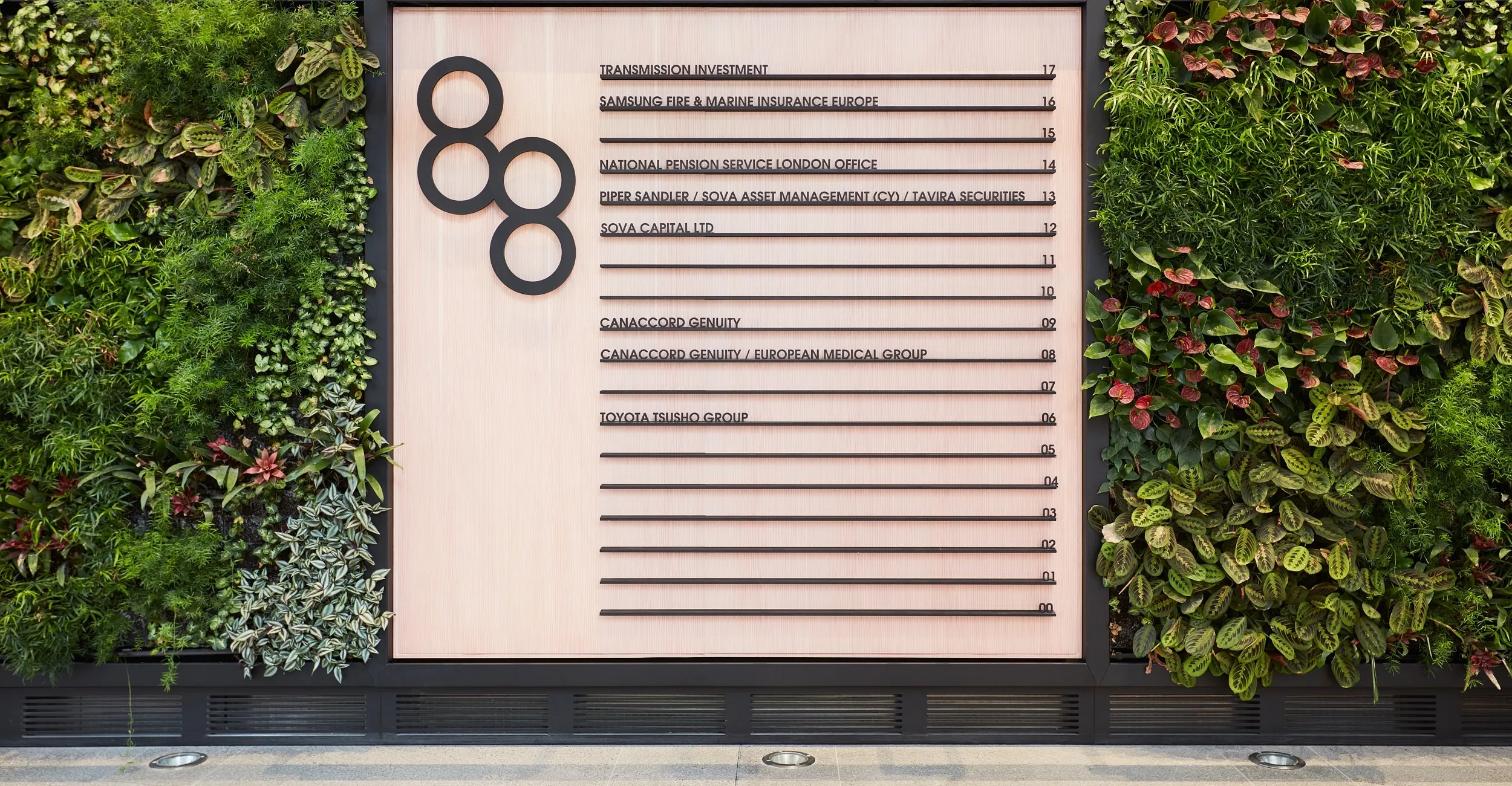 Corporate ranking board surrounded by lush green and red vertical garden