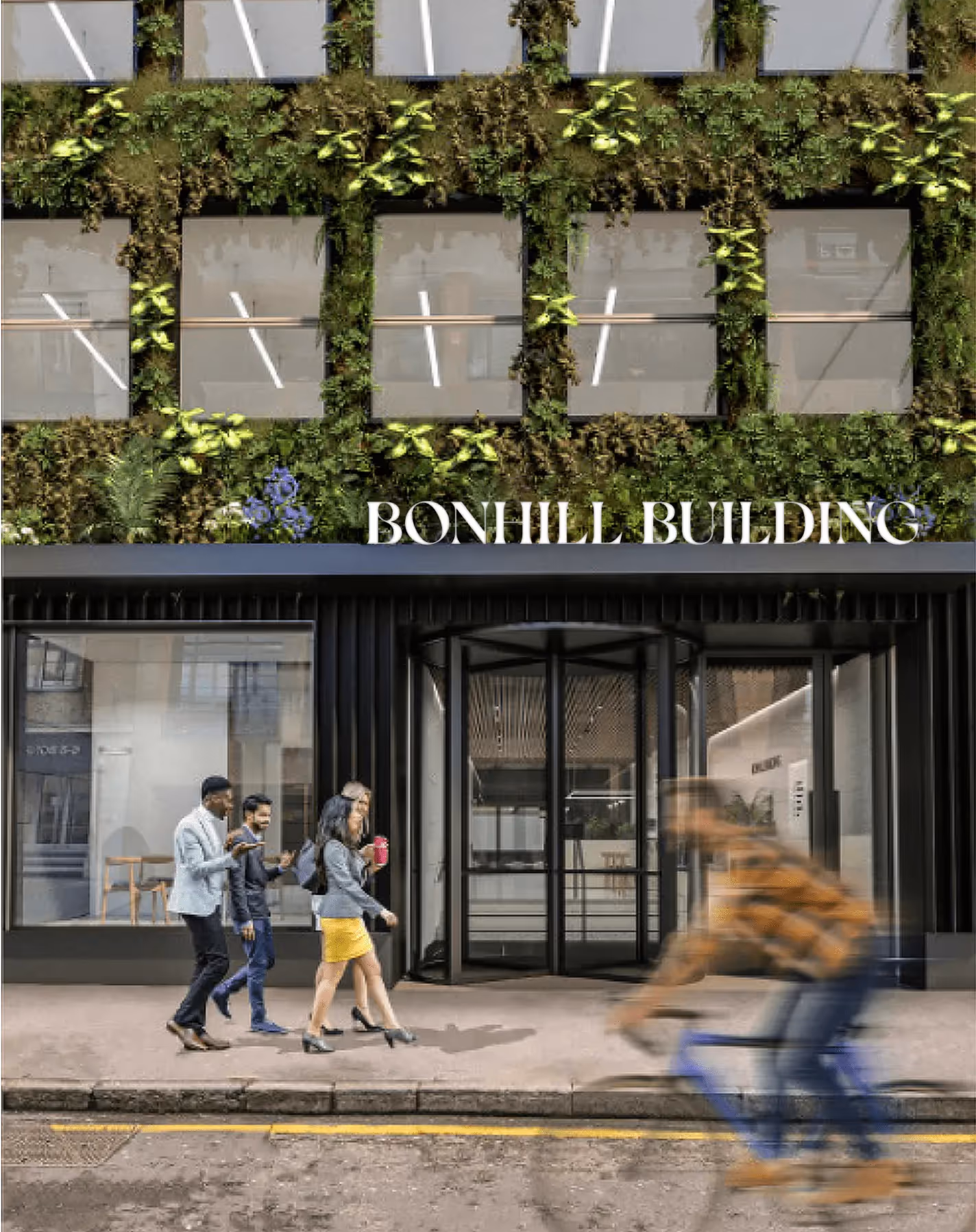 Bonhill Building with green wall, pedestrians, and cyclist in urban setting