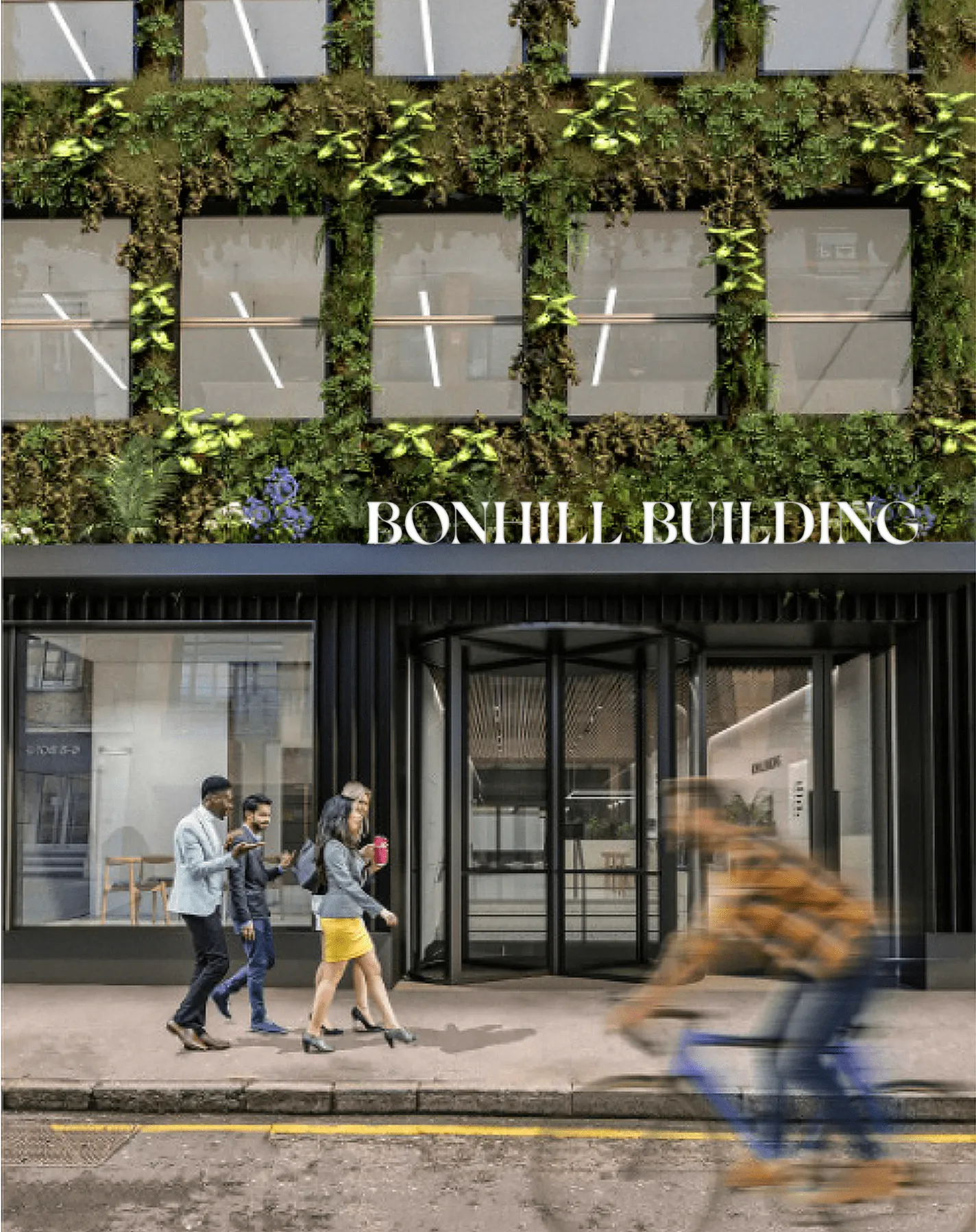 Bonhill Building with green wall, pedestrians, and cyclist in urban setting