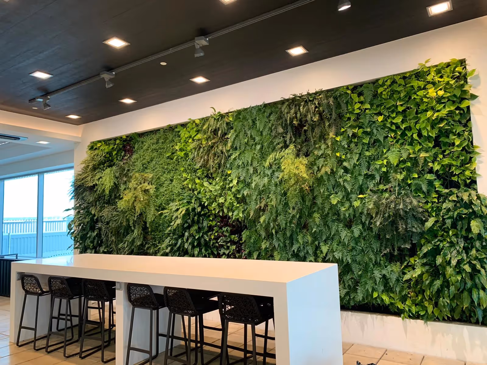 Lush green vertical garden wall with bar stools in modern interior