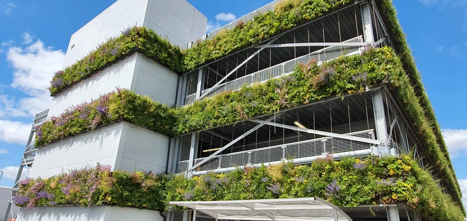 Modern building with extensive green vertical gardens on white facade