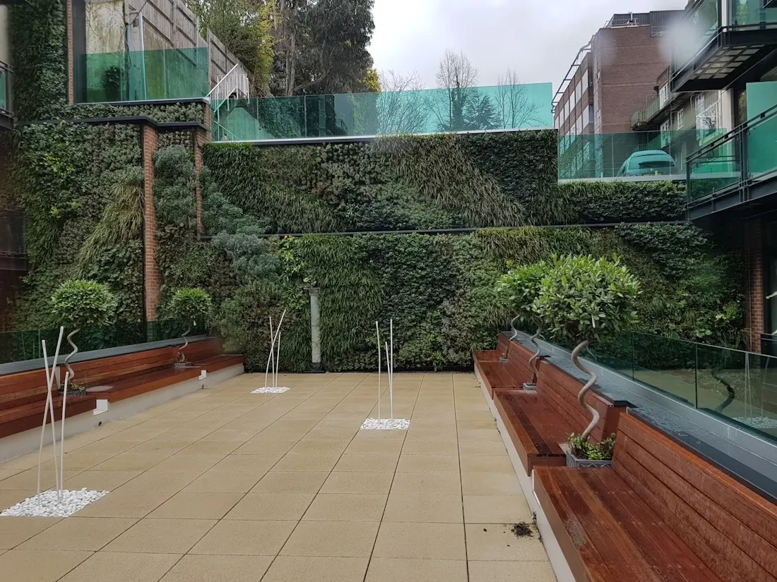 Modern urban courtyard with living green wall, wooden benches, and water features