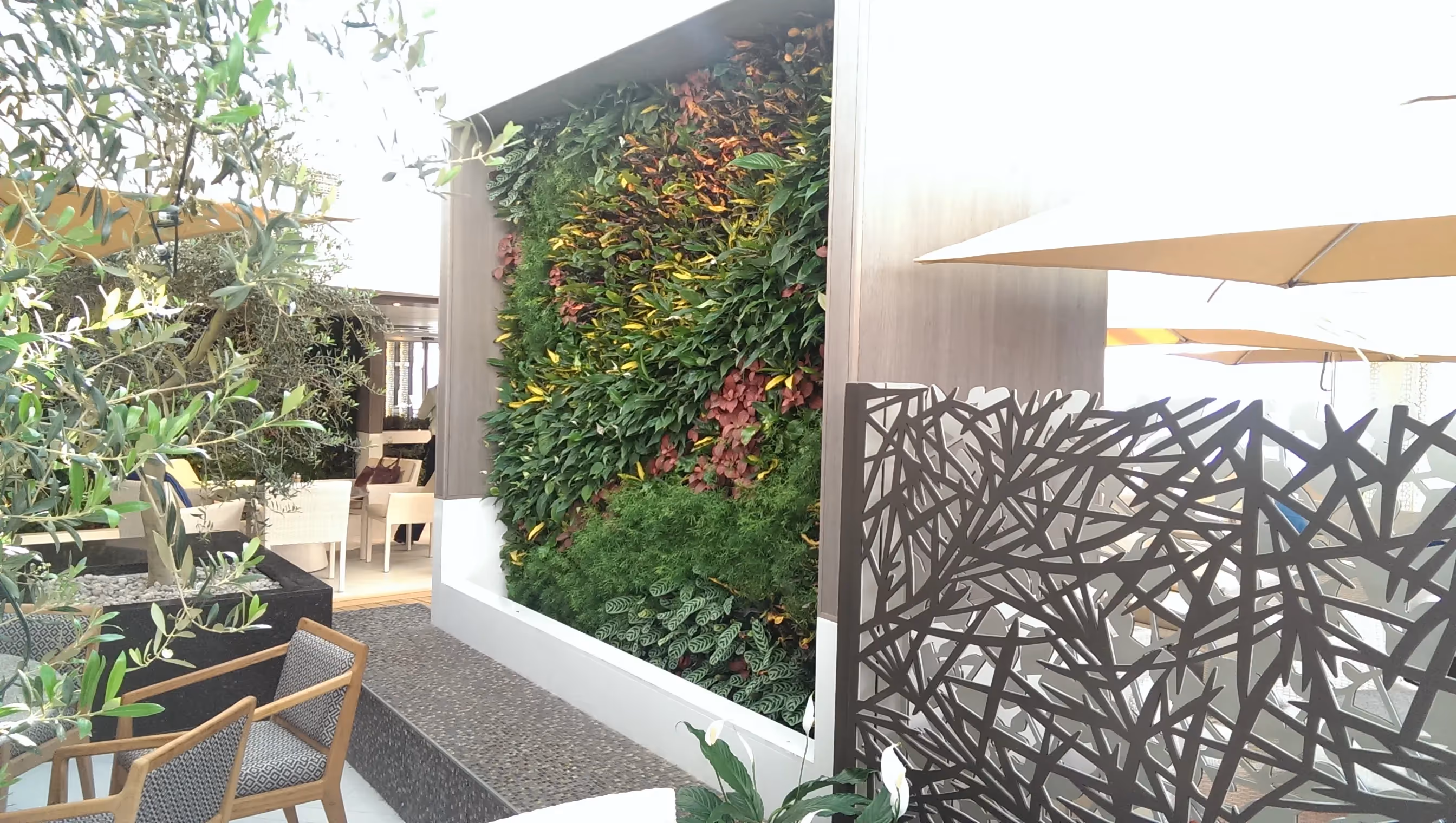 Modern indoor garden with vertical green wall and decorative metal screen