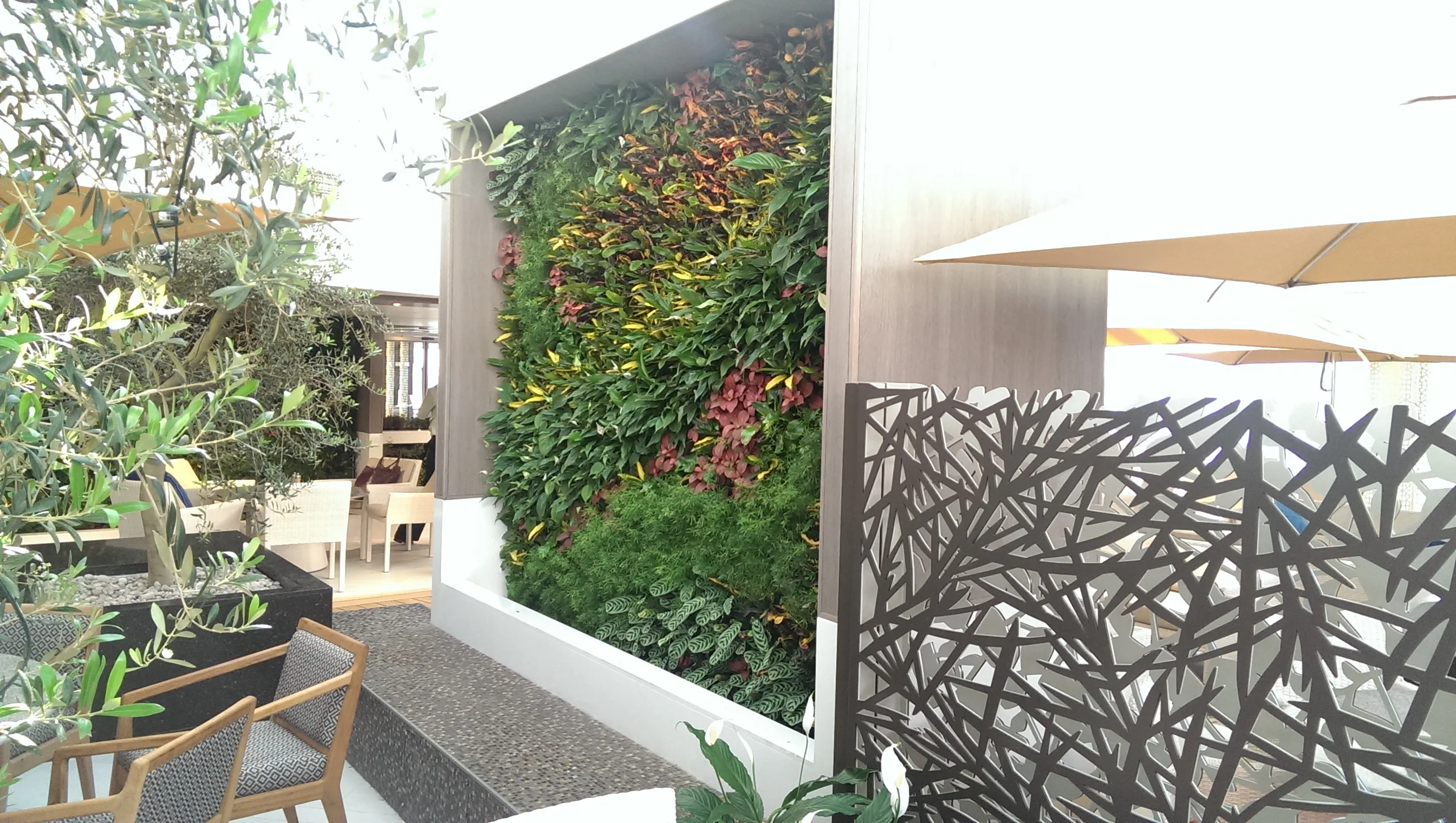 Modern indoor garden with vertical green wall and decorative metal screen